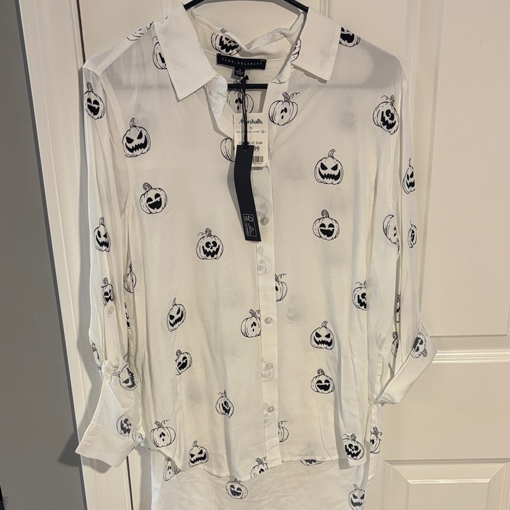 White Jack-o'-Lantern Print Button-Up Shirt